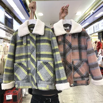 

2019 New Autumn Winter Vintage Plaid Female Outwear Keep Warm Thick Lambswool Turn Down Collar Women Woolen Jackets Coats Loose