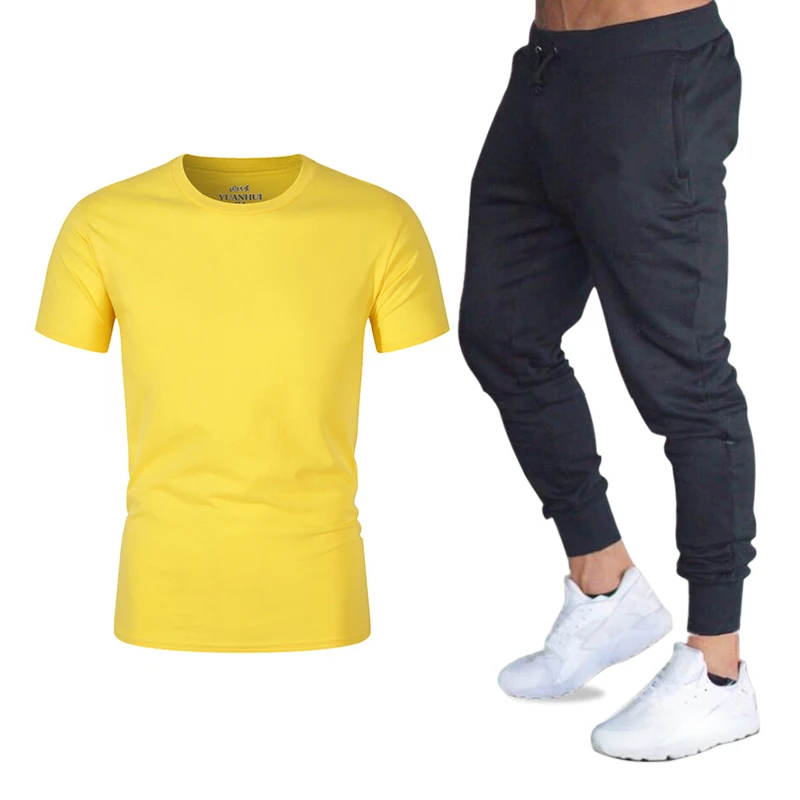 Весенняя и Осенняя новая мужская футболка с коротким рукавом, модная повседневная свободная футболка, Мужские дышащие спортивные штаны для бега, мужской комплект - Цвет: Yellow -04