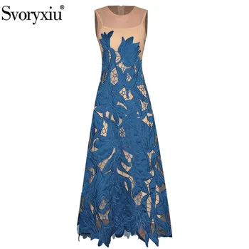 

Svoryuxiu Designer Brand Sexy Mesh Transparent Hollow Out Embroidery Blue Long Dress Women's Summer Party Sleeveless Maxi Dress