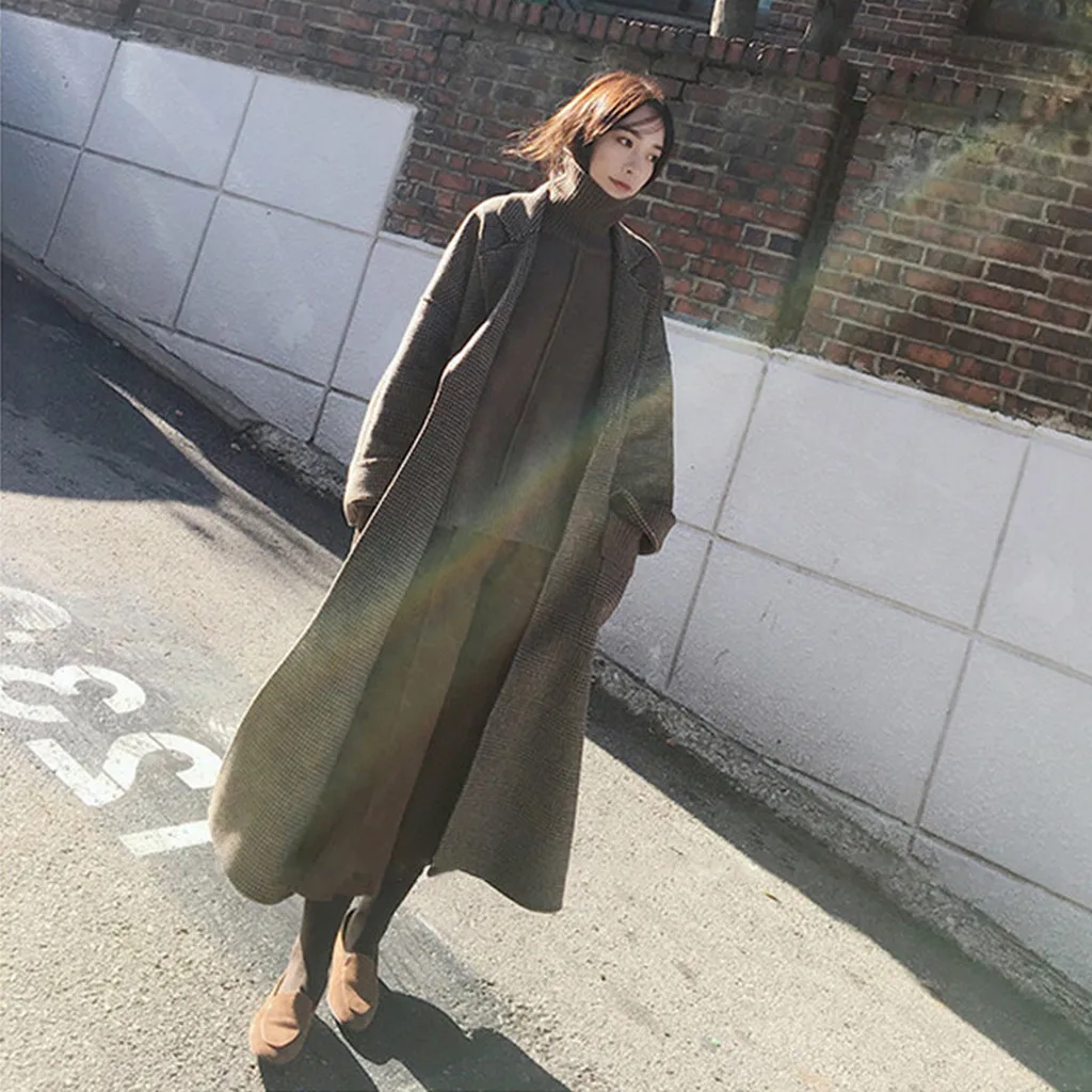 CHAMSGEND зимнее теплое шерстяное пальто женское корейское длинное шерстяное пальто оверсайз женское повседневное клетчатое ветрозащитное пальто Верхняя одежда