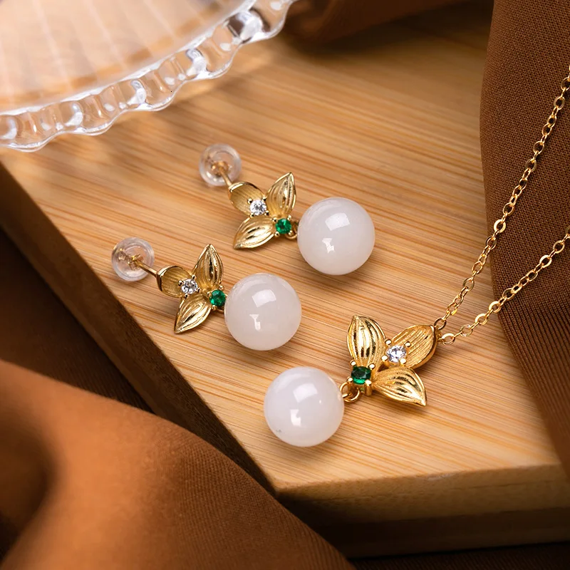925 Sterling Silver Gold Plated Hetian White Jade Earrings Necklaces Jewelry Sets Designer Trendy Vintage Fine Jewelry Women