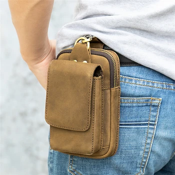 

Cow Leather Men Casual Design Small Waist Bag Cowhide Fashion Hook Bum Bag Waist Belt Pack Cigarette Case Phone Pouch