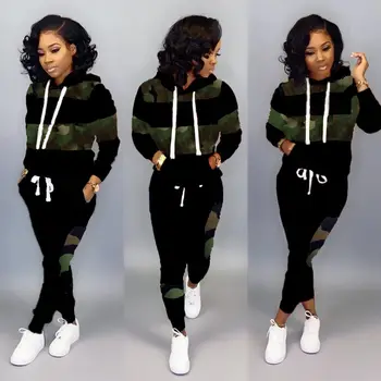 

Women Fall Winter Leopard Pathwork Hooded Long Sleeve Sweatshirts Hoodies Warm Pants Two Pieces Sets Tracksuits Outfits 2019