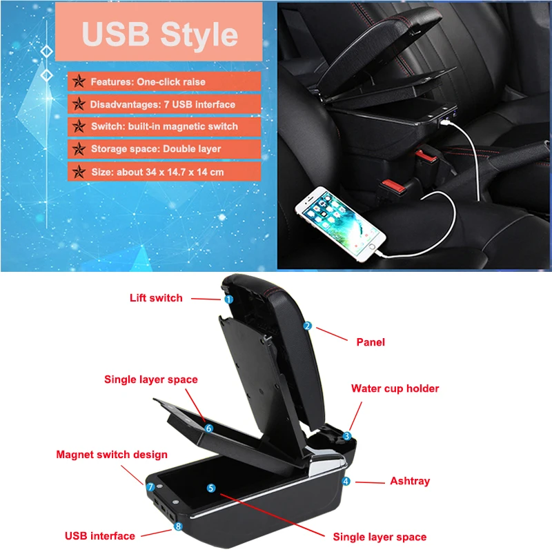 Для Toyota Verso 2010 2016 автомобильный подлокотник с usb зарядкой двойной слой
