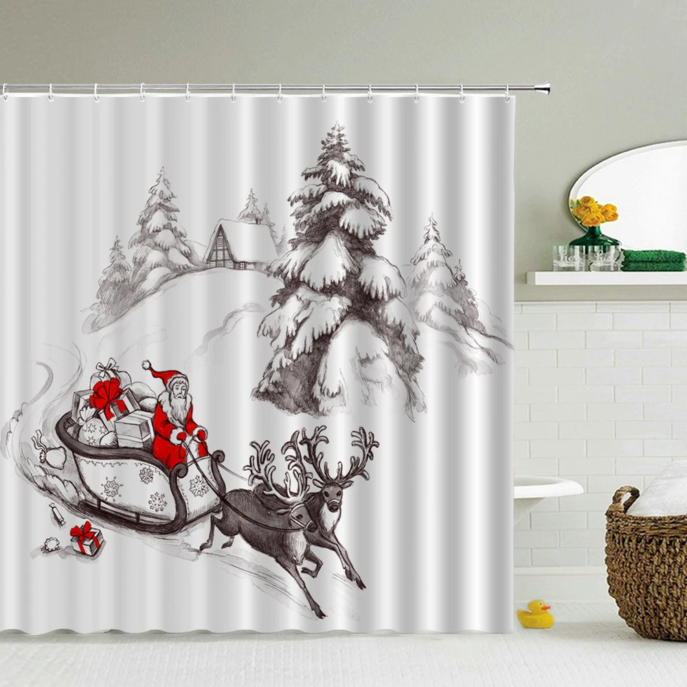 

3d Christmas Shower Curtains New Year Santa Claus Bathroom Curtains Christmas Gift Festival Decor With Hooks Waterproof Cloth