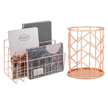 

Makeup Brush Holder Wire Iron Pencil Holder Rose Gold & Desktop Mail Organizer, 3-Slot Metal Wire Mail Sorter