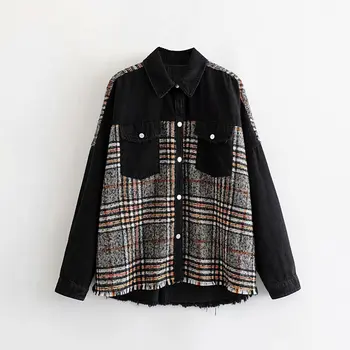 

Korean plaid pattern patchwork denim jacket women casual style loose coat with pockets turndown collar high street femme coats