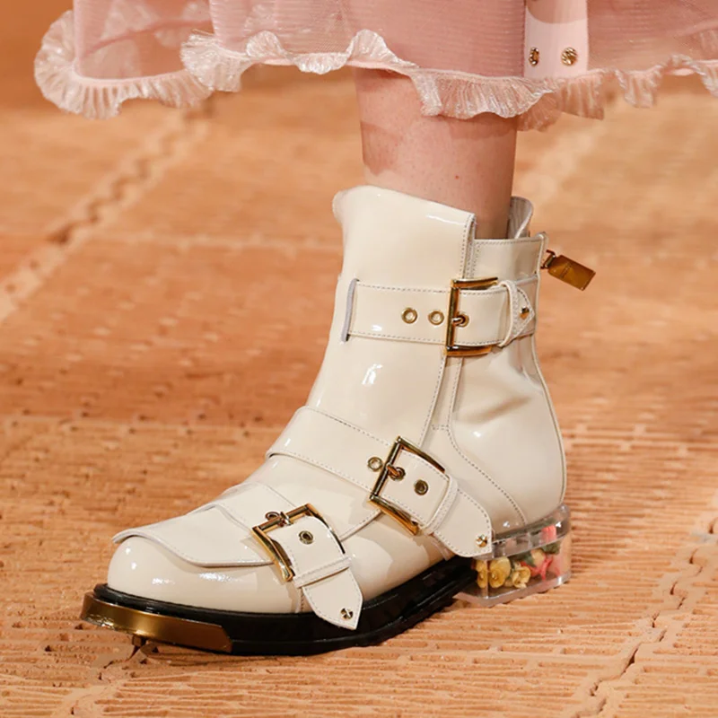 

Newest Women Leather Ankle Boots Autumn and winter Round Toe Flower Crystal Transparent chunky Heel Runway Shoes for Women