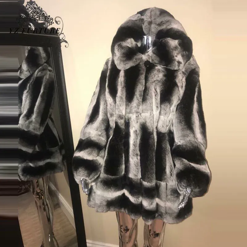 Натуральный Шиншилла Цвет шуба из кролика рекс куртка пальто Стенд с капюшоном