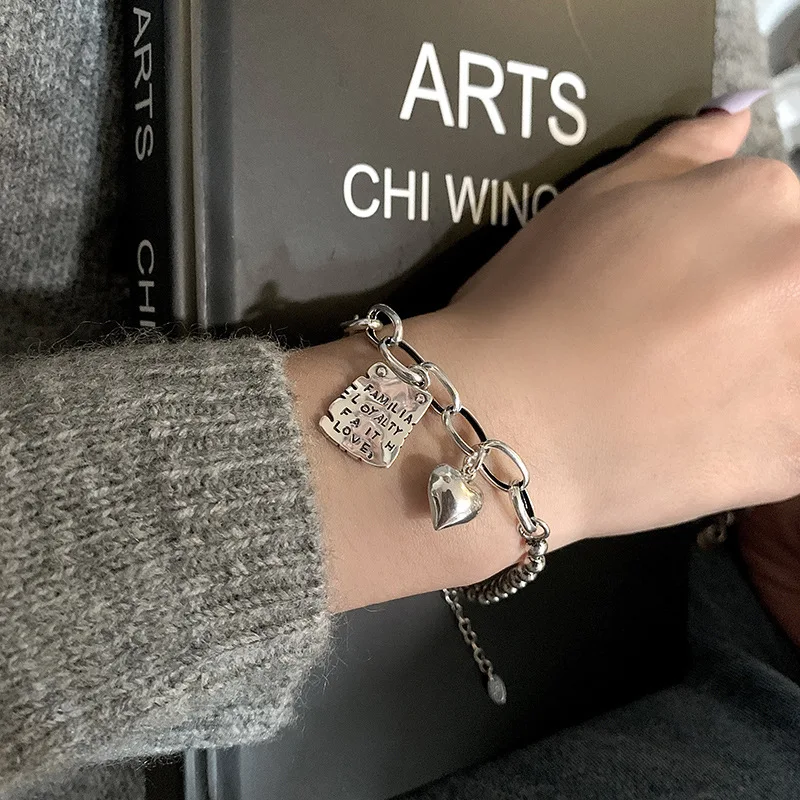YAOLOGE 925 Silver Bracelet Spherical Heart-Shaped Letter Square Tag Fashion Punk Style Retro Trend Couple Jewelry | Украшения и