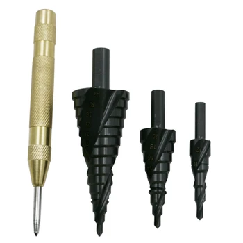 

4pcs / set HSS 4241 Nitriding Spiral Flute Step Drill +5 Inch Automatic Center Pin Punch Spring