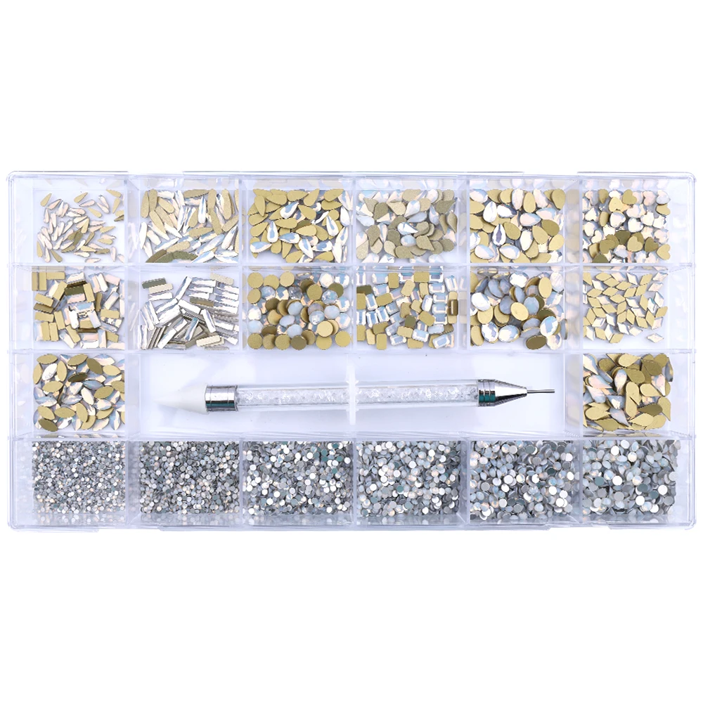 

Fancy Nail Art Rhinestone Set Mixed Grids Multi-Shape White Opal Flatback Glass Diamond Decoration 8620Pcs/Box & 1 Pick-Up Pen