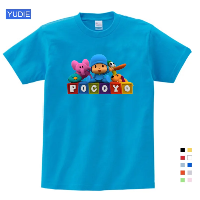 Pocoyo/Топ; детская футболка с короткими рукавами; летняя одежда для мальчиков; Одежда для маленьких девочек с героями мультфильмов; модная детская одежда для маленьких девочек - Цвет: Kids t shirt blue