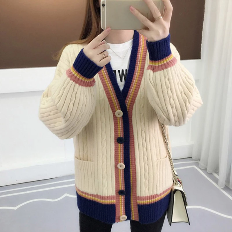 Gaganight лоскутное цвет модные женские кардиган весна осень с длинным рукавом V образным вырезом однобортный Kardigan женский корейский Толстый