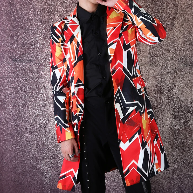 Male Streetwear Hip Hop Singer Dancer Suit Coat Stage Costumes Men Single Button Print Slim Fit Long Suit Blazer Jacket