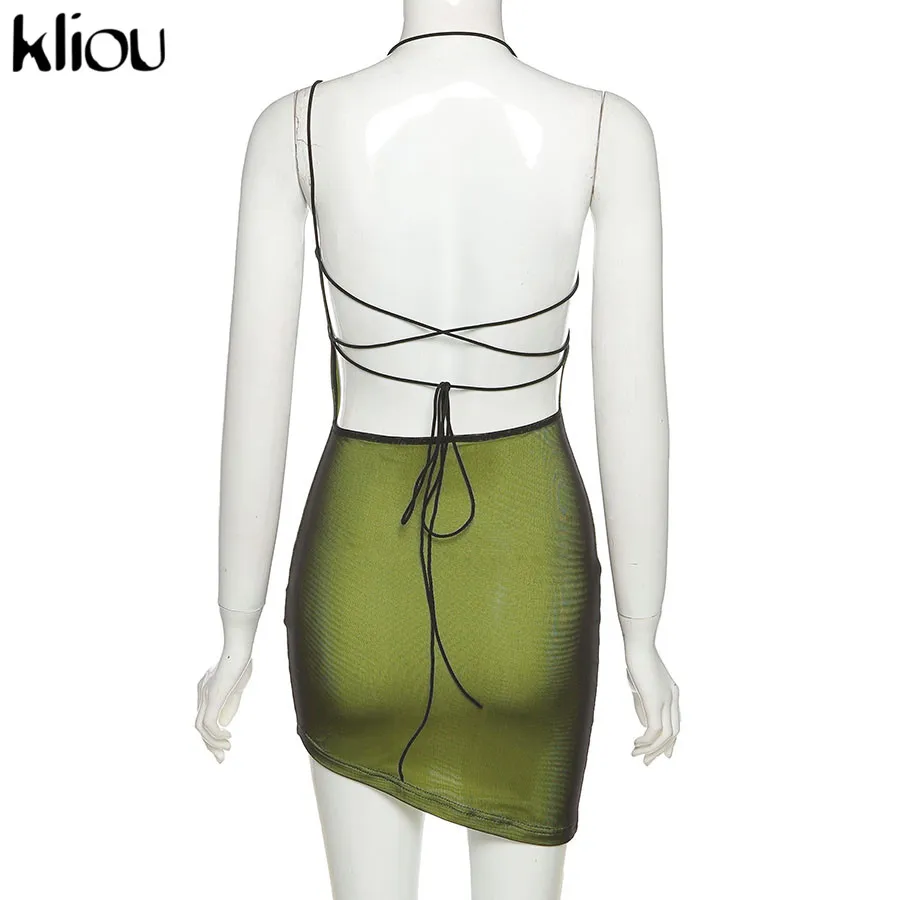 Kliou Mesh Halter Tie Up Baddie Dresses For Women 2021 Summer Casual Street Style Sexy Backless Sleeveless Mini Dress Female Hot business casual women