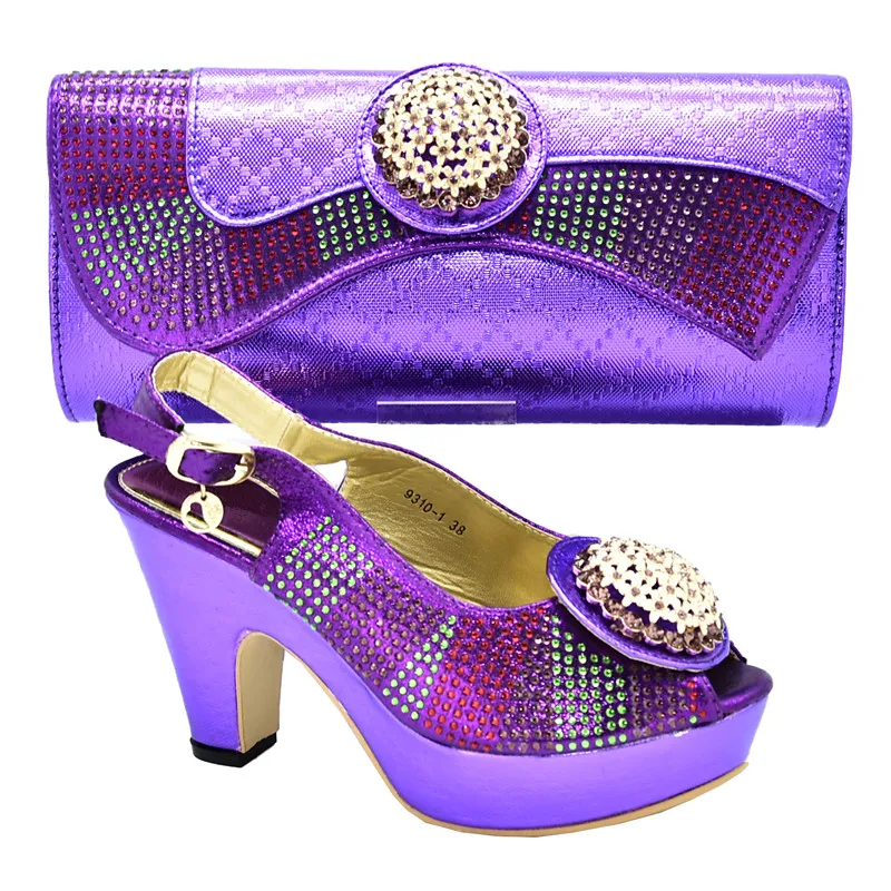 Новейшая Итальянская обувь с сумки в комплекте, Размер 38–43 для свадьбы из туфлей в нигерийском стиле Для женщин Свадебный комплект из обуви и сумки, украшенные Стразы - Цвет: Фиолетовый
