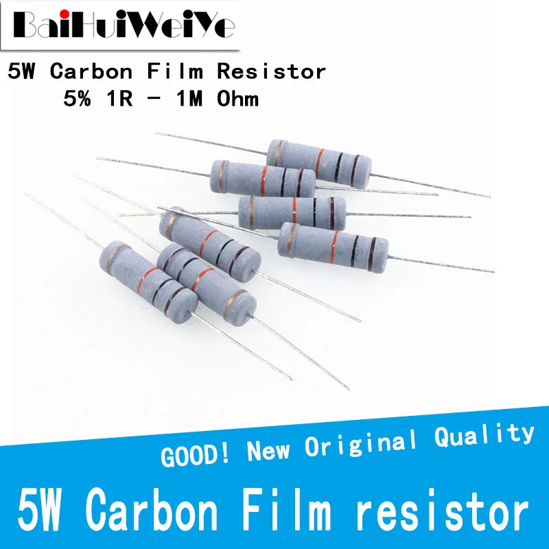 Carbon Film Resistor 10Pcs 5W 5% 1R ~ 1M 1.5R 2.2R 10R 22R 47R 51R 100R 150R 470R 1K 4.7K 10K 47K 47 51 100 150 Ohm Resistance