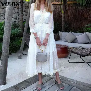 

VONDA Women Dress Sexy Dot Print Tassel Lace Hallow Maxi Long Strap Dress 2020 Casual Loose Vestidos Plus Size Summer Sundress