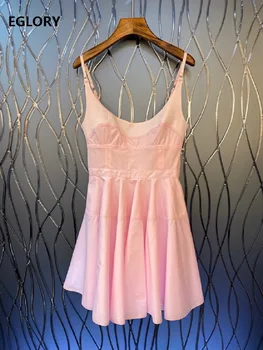 

New Korean Fashion Dress 2020 Summer Casual Ladies Spaghetti Strap Sleeveless Slim Fitted A-Line Sexy Blue Pink Dress Above Knee