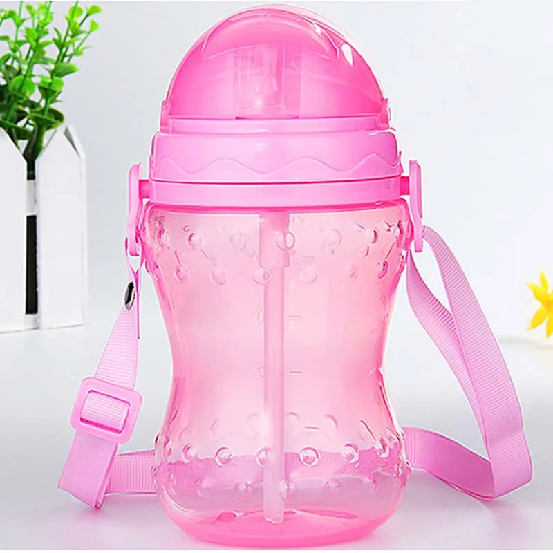 240/330ml Baby Cup Cute Children Learn Drinking Water Straw Handle Bottle Training Drink School Food Milk Bottles - Цвет: 330ml Pink Strap