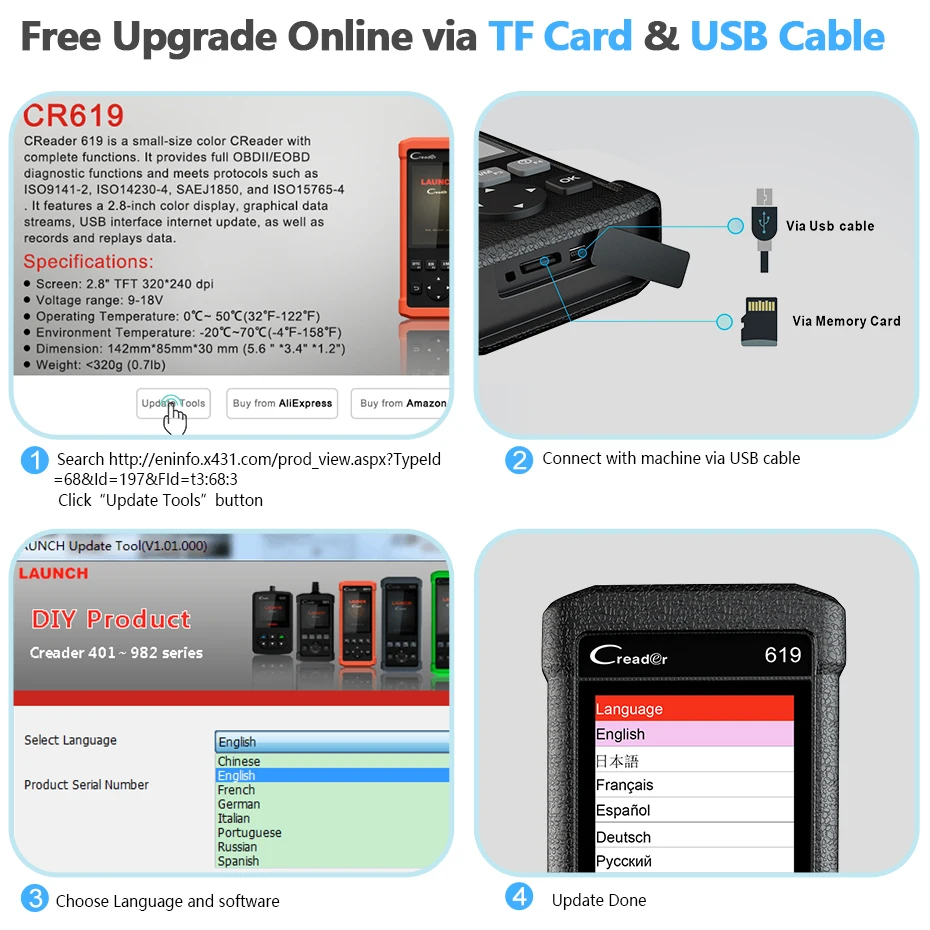 Запуск CR619 OBD2 сканер двигателя ABS SRS ODB2 OBD 2 Airbag код ридер монитор отдых Автомобильный сканер для диагностики инструмент