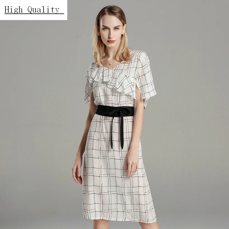 

100% Real Silk Dress Women Summer Dress Elegant Plaid White Ladies Dresses V Neck Midi Ruffle Vestidos De Fiesta LWL1834