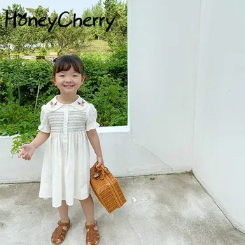 

2020 Summer kids dresses for girls New Flower Embroidered Lapel Puff Sleeve Princess Dress
