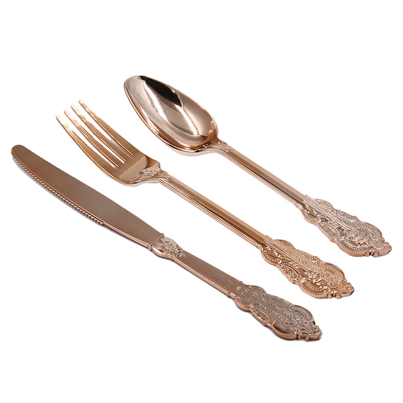 Disposable Imitation Metal Plastic Gold Silver Carved Embossed Cutlery Western Wedding Party Tableware Set - Цвет: 12pcs rose golden