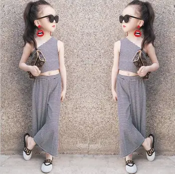 

2020 new wholesale girls 2 pcs striped set vest+wide pants fashion summer kids girls suit 3-8t