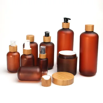 

60ml 120ml 150ml 250ml 200ml Empty Plastic Brown PET Bottle Packaging with screw wooden sprayer pump cap