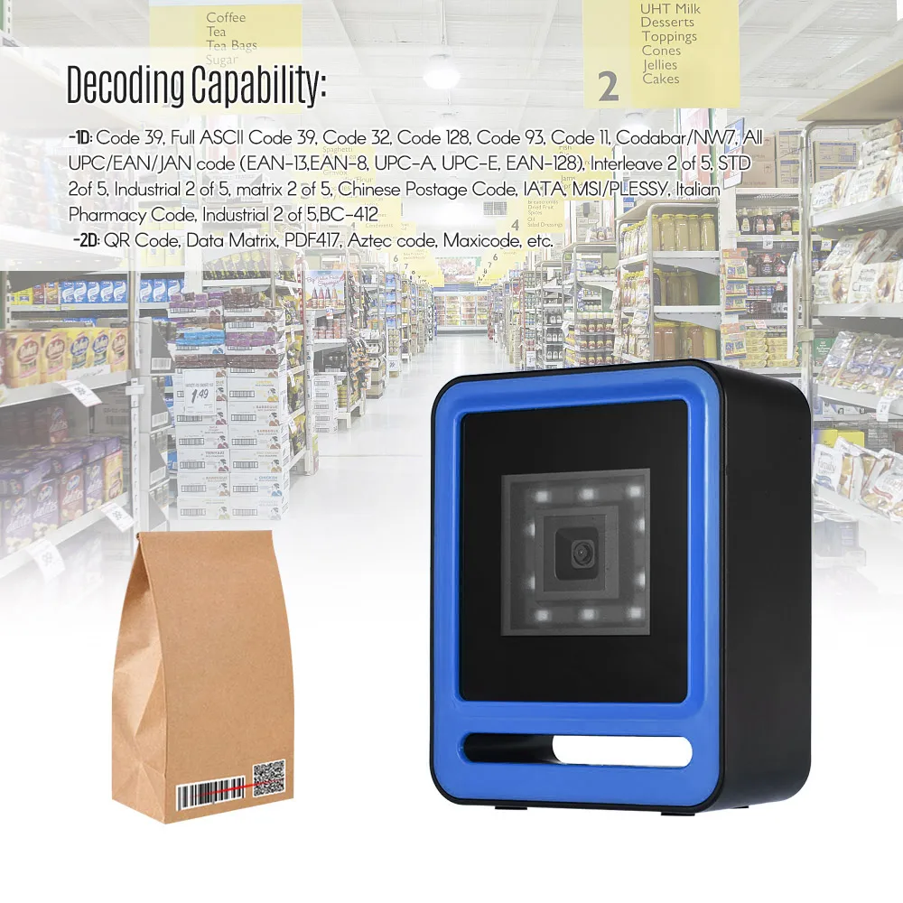 Aibecy Hands-free USB проводной 1D 2D QR сканер баркодера Настольный многонаправленный считыватель штрих-кодов для супермаркет, розничная торговля