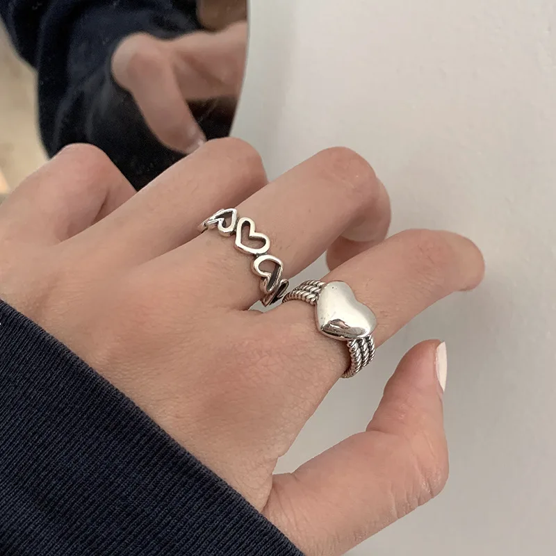 Silberner Herzring Für Damen, Retro Ring Mit Geometrischen Formen_voghion.com