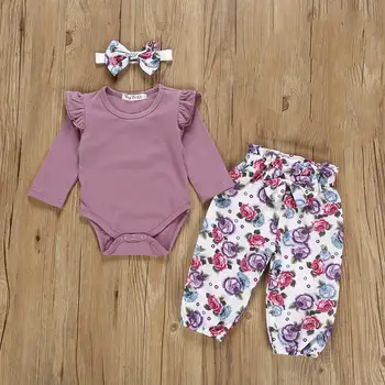 

3PCS Set Newborn Baby Girls Clothes 2019 New Autumn Infant Long Sleeves Romper Tops+Floral Pants+Headbands Baby Girl Clothing