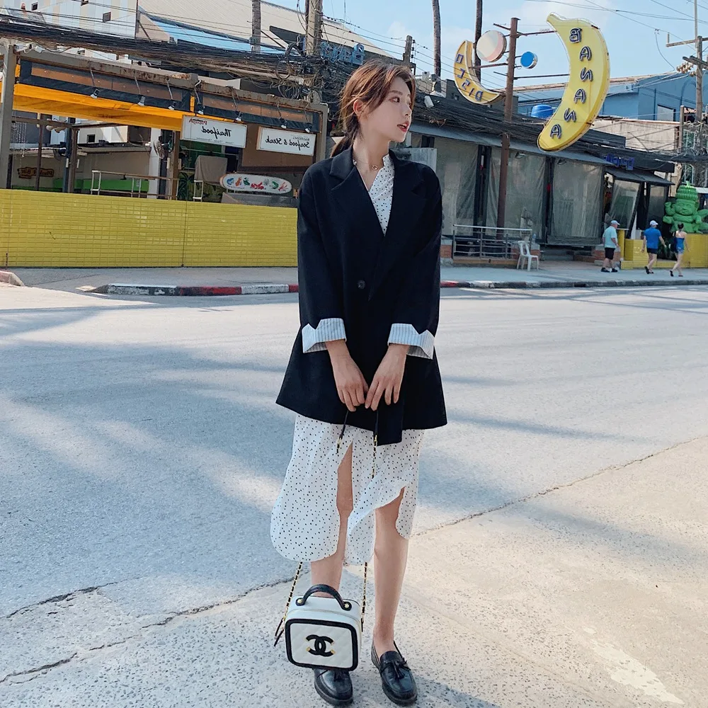 

Photo Shoot 2019 Autumn New Style Korean-style WOMEN'S Wear Retro Young-Style Cuff Joint Stripes Fold-down Collar Small Suit Coa