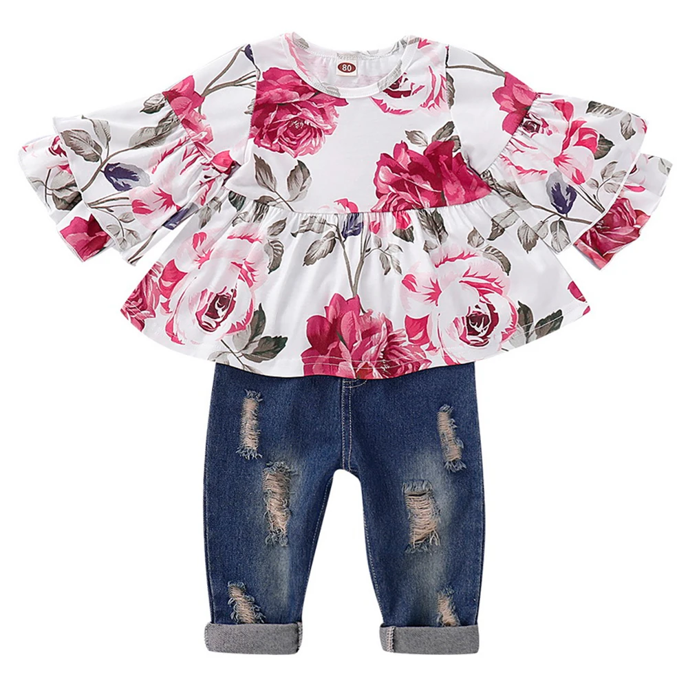 

Toddler Girl Clothes 2Pcs Set Casual Spring Ruffled Floral Print Tops And Jeans Children Clothing Suit roupa infantil menina D30