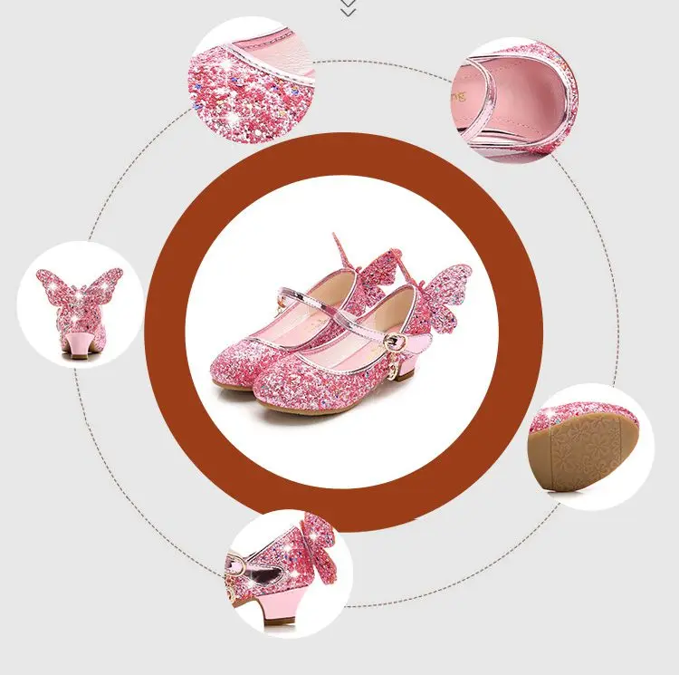 Детская кожаная обувь с бабочками для девочек; блестящие туфли принцессы для девочек на высоком каблуке; элегантные нарядные модельные туфли; KS572