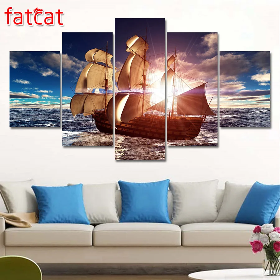 Sea Boat Sunset Painting Beach Seascape Cuadros