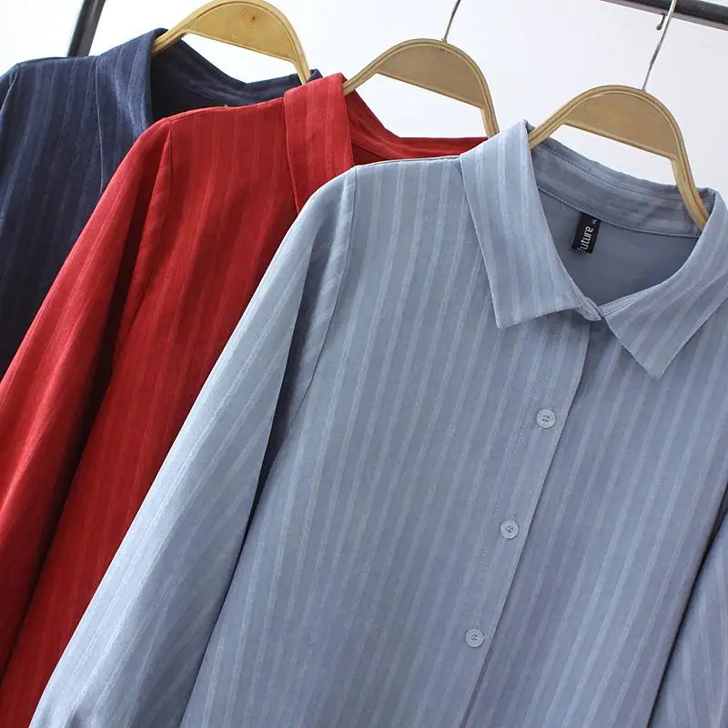 Plus Size Shirts Women Clothing Spring Autumn Loose Lapel Blouses Casual Long Sleeve Hong Kong Style Stripes Tops