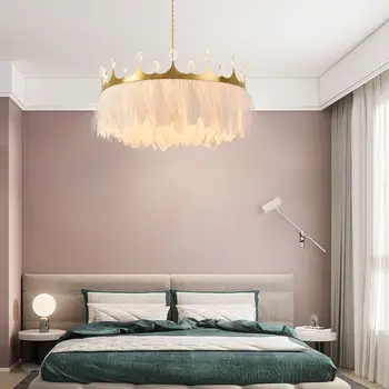 

Modern romantic pendant lamp for bedroom creative feather pendant light luxury crystal crown kids' room chandelier light fixture