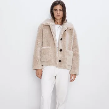 

ZA Lapel Long-sleeved Cashmere Coat Jacket Front with Patch Pockets Contrast Color Stitching Closure with Short Skirt Trousers