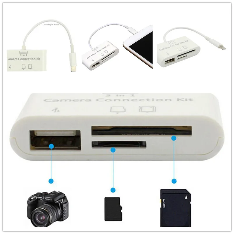 1pc 3 In 1 Card Reader for Tablet IPad 4 Mini IOS 11 Micro SD SD MMC TF Card Reader USB OTG Cable Adapter Camera Connection