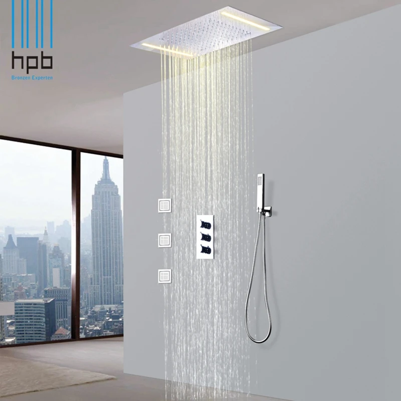

HPB Modern In-Wall LED Rain Fall 3-Funtion Bathroom Shower Systems with Celing Mounted HeadShower Spa Body Jet 007-50X36E-3MF