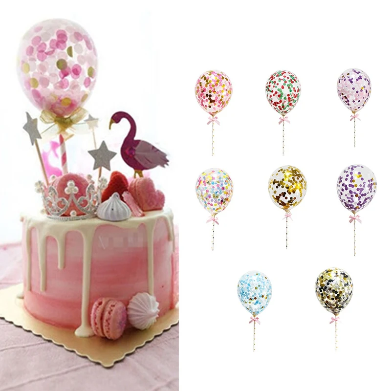

1pc 5 Inch Confetti Balloon Cake Topper Decoration With Paper Straw Ribbon Table Baby Shower One Birthday Wedding Party Supplies