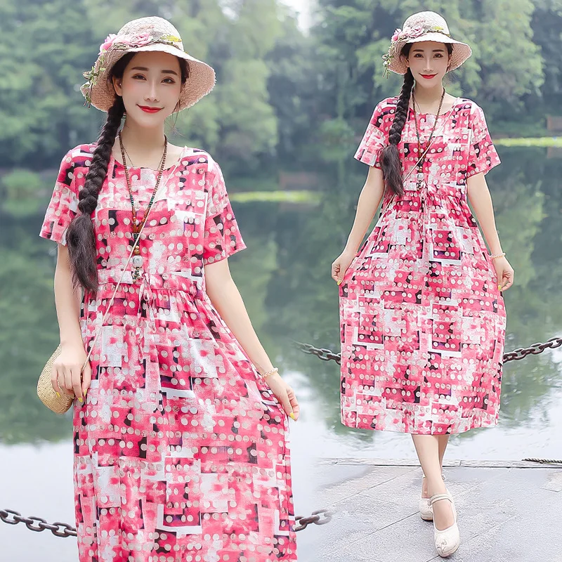 

2019 Summer Wear New Style Retro Loose And Plus-sized Highwaist Velvet Floral Printed Dress Waist Hugging Slimming Mid-length A-