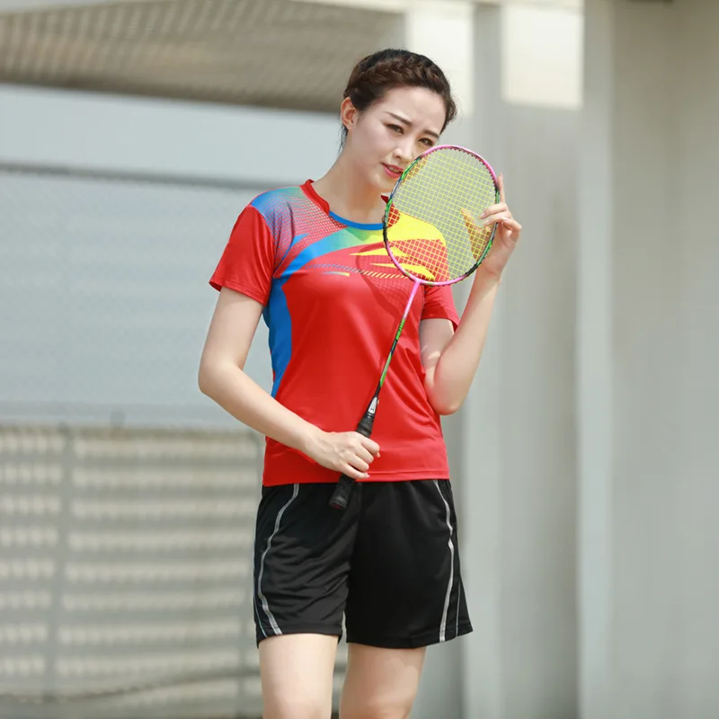 Мужская и женская теннисная рубашка и шорты для бадминтона, быстросохнущая спортивная одежда в полоску, командная форма для матча, тренировочный костюм - Цвет: Women red shirt
