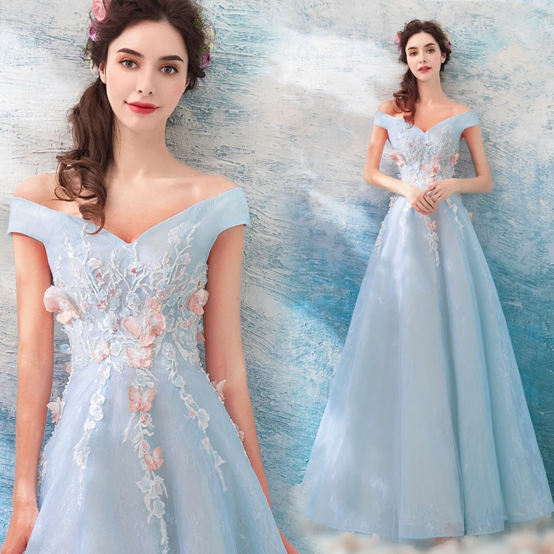 Элегантные трапециевидные платья для выпускного вечера кружевные аппликации с 3D цветами с открытыми плечами с v-образным вырезом из