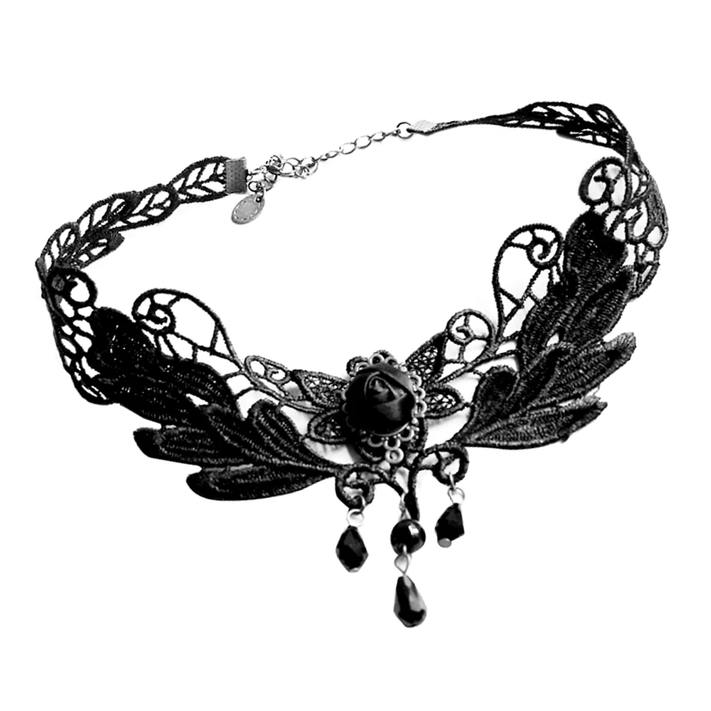 Wedding Party Beads Rhinestone Tassels Chain Pendant Gothic Necklace for Women Vintage Punk Black Lace Choker 