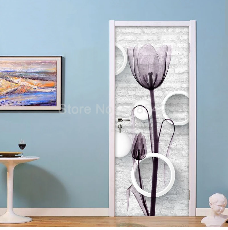 Креативные DIY самоклеющиеся двери стикер 3D белый кирпич круги цветы художественные настенные росписи гостиная спальня дверь ПВХ обои
