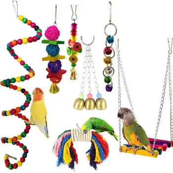 

7-piece Set Wooden Bell String Parrot Toy Bird Supplies Parrot Nibble Toy Bird Toy Set Suspension Bridge Wood Color Pet Toy